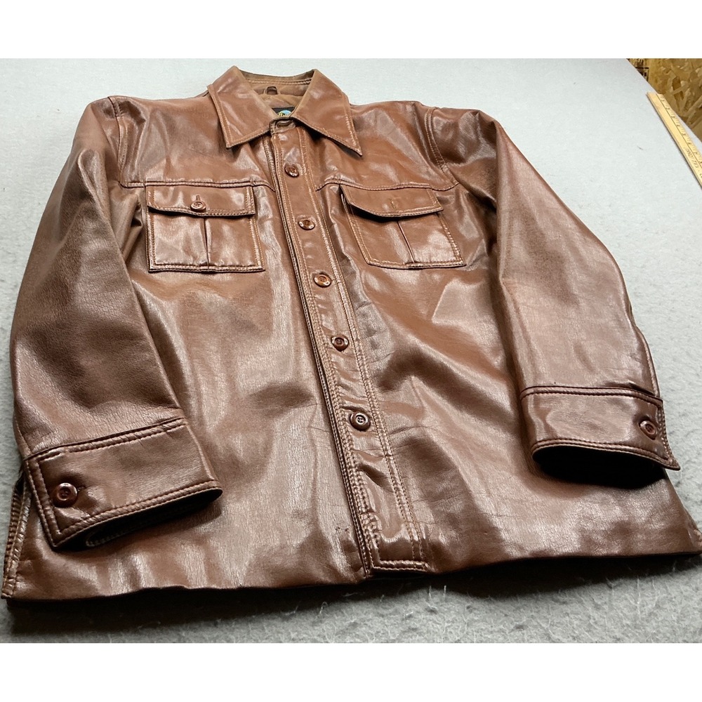 Vintage Faux Leather Shirt Jacket Brown Button Front Shacket Mens L 70s Style